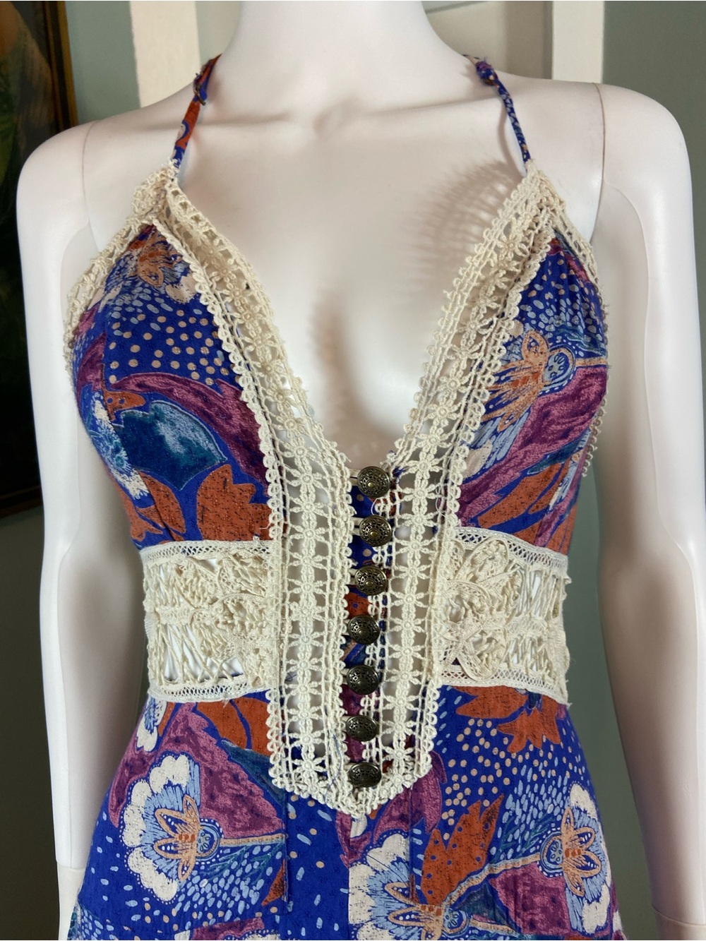 Free People Jolene Floral Crochet Lace Maxi Dress Cobalt Blue Small S - Picture 3 of 15